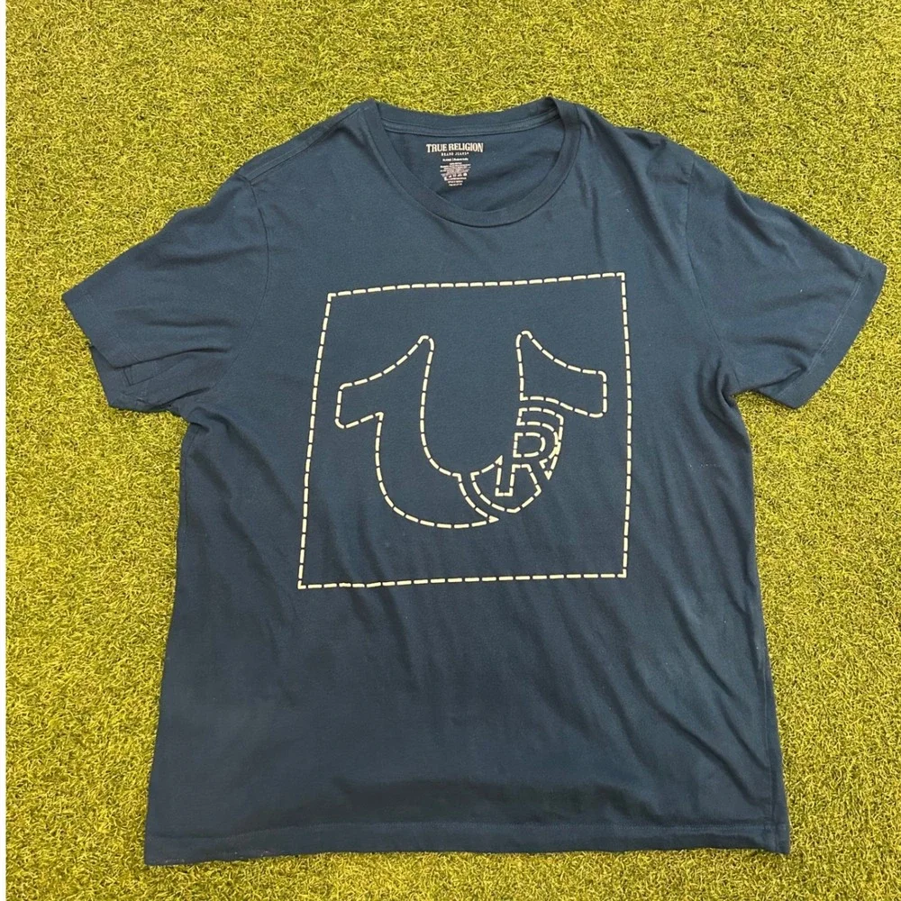 True Religion Mens XL Navy Blue Horseshoe Logo T-Shirt Short Sleeve Cotton